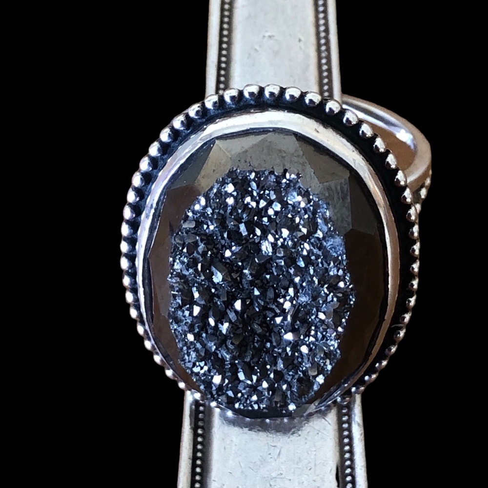 Colleen Lopez black graphite druzy quartz open design sterling silver ring